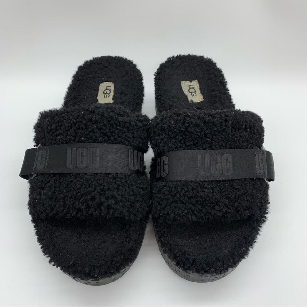 UGG Fluffita Platform Sheepskin Slipper Black Size 9/9.5 Lounge Travel Fuzzy‎ - Picture 6 of 11